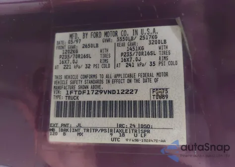 1997 Ford F-150 z USA, uszkodzony, nr VIN 1FTDF1729VND12227